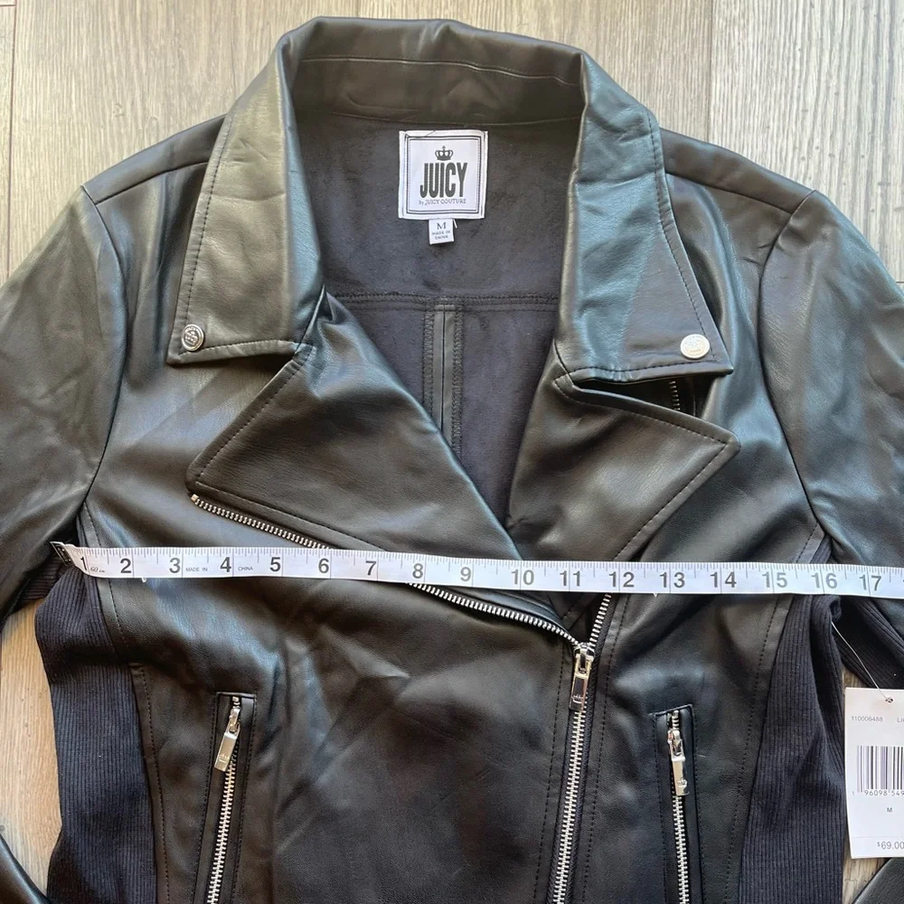 Juicy Couture Women’s Faux Leather Moto Jacket Side Paneling Black Medium NWT